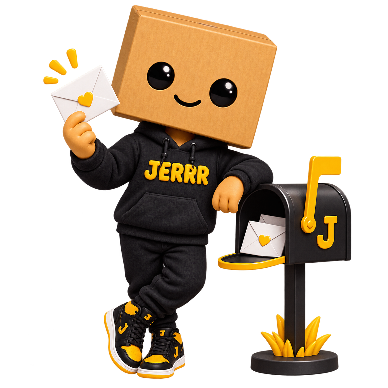 JERRR smiling with a letter beside a mailbox